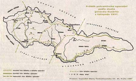 Průběh pohraničního opevnění podle studie generála Husárka z listopadu 1937